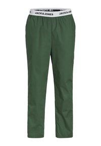Pantalons verts en tissu léger avec une taille élastique arborant un logo blanc. Design à jambe droite, sans poches visibles ni embellissements.