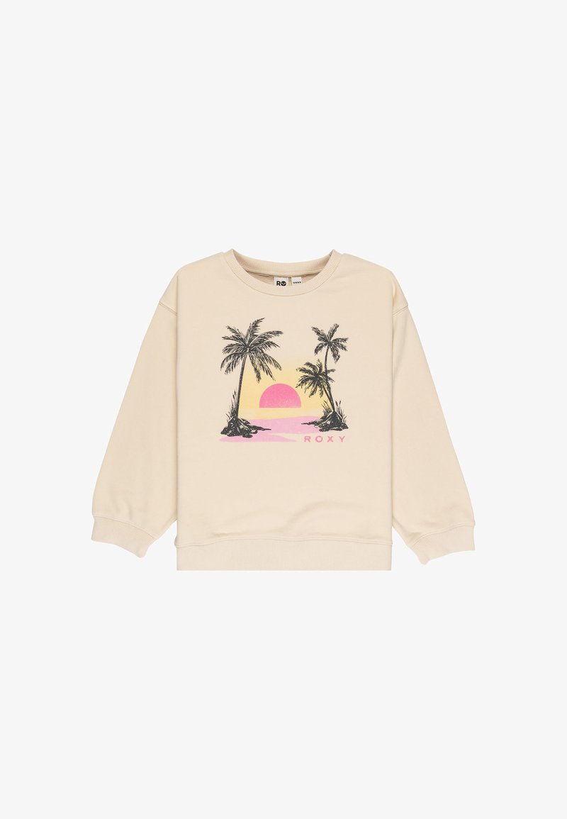 Sudadera beige de mangas largas, que presenta un gráfico de palmeras y un atardecer en tonos rosados y amarillos, con el texto "ROXY" en la parte inferior.