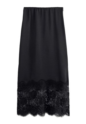 Melnas midi svārki ar elastīgu jostu un ziedu mežģīņu apkari gar apakšu, virs mežģīnēm gluds audums.