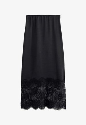 Zwarte midi-rok met elastische tailleband en bloemrijke kanten rand langs de zoom, gladde stof boven het kant.