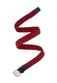 Woven belt in red and navy blue with a chevron pattern; features a black leather end and silver metal buckle. Flexible and textured design.