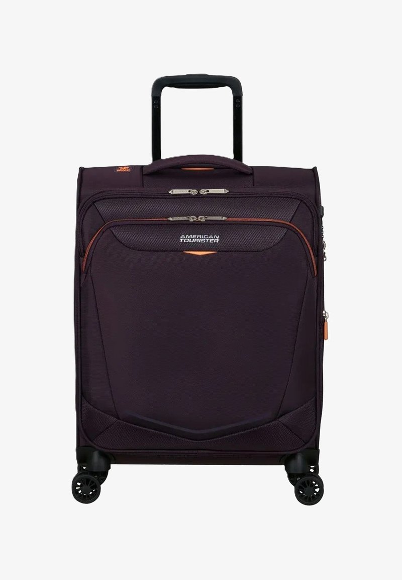 Valise en tissu violet avec deux zippers, accents oranges, une poignée télescopique et quatre roues pivotantes pour une meilleure mobilité.