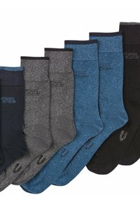 Set of six socks in dark blue, grey, and black. Smooth texture with varied shades, featuring subtle brand logo on each pair.