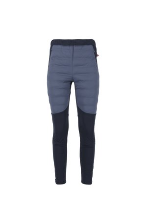 Padded athletic pants in dark blue with a fitted design. Features a stretchy waistband and contrasting navy lower sections for mobility.