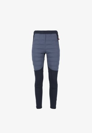 Padded athletic pants in dark blue with a fitted design. Features a stretchy waistband and contrasting navy lower sections for mobility.