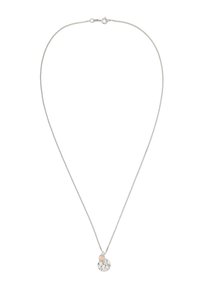 Sølvkæde med et tekstureret rundt vedhæng og en lille pink detalje. Enkelt design, glat metalfinish og polerede detaljer.