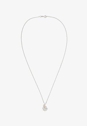 Silberne Kettenhalskette mit einem strukturierten, runden Anhänger und einem kleinen rosa Akzent. Einfaches Design, glatte Metalloberfläche und polierte Details.