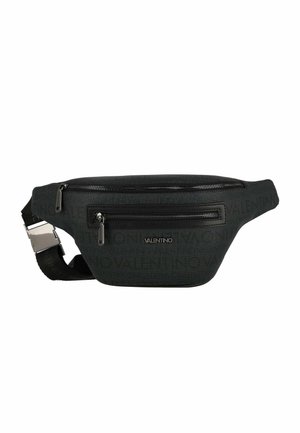 Schwarze Valentino-Gürteltasche mit zwei Reißverschlussfächern, verstellbarem Riemen und dezentem, eingeprägtem Logomuster auf dem Stoff.