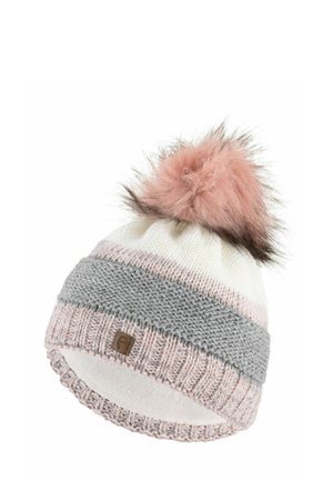 Knitted beanie in white, grey, and pink with a furry pom-pom on top. Features a textured band and a small brown logo tag.