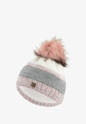 Strickmütze in Weiß, Grau und Rosa mit einem felligen Pom-Pom oben. Verfügt über ein strukturiertes Band und ein kleines braunes Logo-Tag.