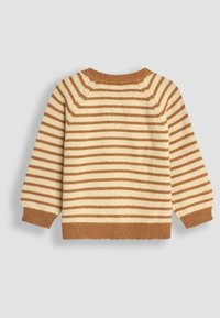Zebra pulover v kremni in rjavi barvi, z okroglim izrezom, rebrastimi manšetami in robom. Mehka pletenina z raglan rokavi.