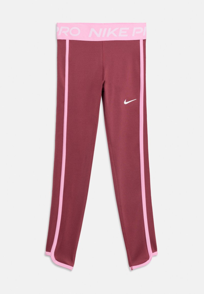 Μαρόν κολάν Nike Pro με ροζ πλευρικές ρίγες, ροζ ζώνη μέσης με λευκό κείμενο "NIKE PRO" και λευκό λογότυπο Nike στην αριστερή μηριαία περιοχή.