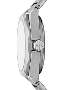 Metalinis laikrodis su aštuonkampiu sidabro korpusu, poliruotu paviršiumi, dideliu baltu ciferblatu ir šešiakampiu kronu su "AX" logotipu.