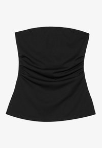 Svart strapless topp gjord av slätt tyg, med rynkdetaljer på ena sidan och en utsvängd nederkant.