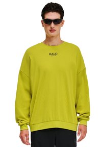 Limegrön oversize sweatshirt med ribbad struktur, rund halsringning och svart logotypdetalj. Modellen bär mörka solglasögon och svarta byxor.