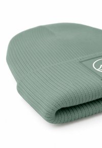 Mint green beanie hat made of ribbed fabric, featuring a folded cuff and a small branded label on the side. Soft texture.
