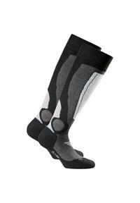 Kniestrümpfe in Schwarz und Grau mit geometrischen Formen, ausgestattet mit einer glatten Textur und verstärkten Zehen- und Fersenbereichen.