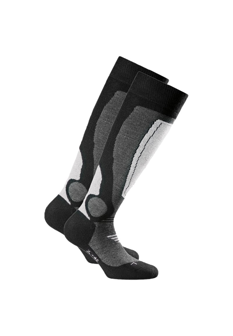Kniestrümpfe in Schwarz und Grau mit geometrischen Formen, ausgestattet mit einer glatten Textur und verstärkten Zehen- und Fersenbereichen.
