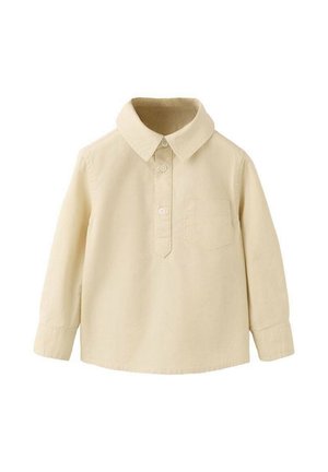 Krémovo sfarbené tričko s dlhým rukávom pre batoľa, s golierom, prednou vreckom a zapínaním na dve gombíky.