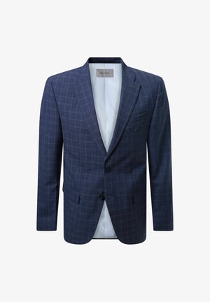 Marineblaues, kariertes Sakko mit Reverskragen, zwei Fronttaschen und zwei Knöpfen. Gefüttertes Innenleben aus hellblauem Stoff.