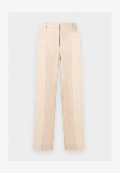 Μπεζ παντελόνι με υψηλή μέση και ίσια μπατζάκια, με εμπρός πιέτα, κρυφό φερμουάρ και θηλιές για ζώνη, εμφανισμένο σε απλό φωτεινό φόντο.