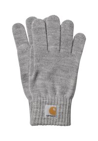 Guantes de punto grises con puños acanalados, que presentan un parche con un diseño naranja. Fabricados con un tejido suave y texturizado para brindar calidez y comodidad.
