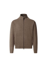 Hnedý pletený sveter na zips s vysokým golierom a dlhými rukávmi, s dvoma bočnými vreckami.