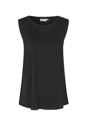 Czarny top bez rękawów z okrągłym dekoltem, luźnym krojem oraz metką "MASAI" wewnątrz przy kołnierzu z tyłu.