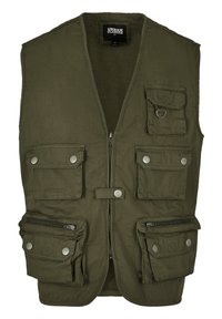 Oliwkowa kamizelka wykonana z tkaniny, z zamkiem błyskawicznym z przodu, wieloma przednimi kieszeniami i zapięciem na napy. Bez rękawów, praktyczny design do użytku roboczego.