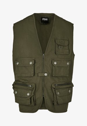 Oliivroheline vest, mis on valmistatud kangast, varustatud lukuga ees, mitme esipocketiga ja nööbiga kinnitustega. Ilma varrukateta, praktiline disain utilitaarkasutuseks.