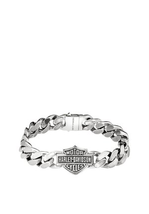 Silbernes Gliederarmband mit dicken Gliedern und einer zentralen Harley-Davidson Motor Cycles Logo-Plakette, mit einem Verschluss, auf dem "Thomas Sabo" eingraviert ist.