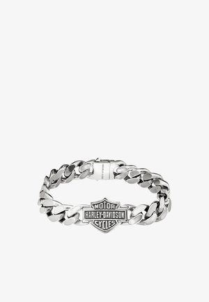 Silbernes Gliederarmband mit dicken Gliedern und einer zentralen Harley-Davidson Motor Cycles Logo-Plakette, mit einem Verschluss, auf dem "Thomas Sabo" eingraviert ist.
