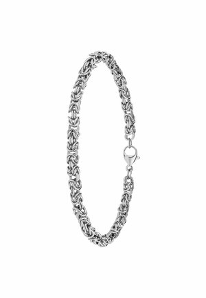 Bracelet à chaîne ton argent avec des maillons complexes en forme de corde et une fermeture à mousqueton sur fond blanc.