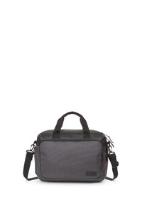 Borsa a tracolla grigia con finitura testurizzata, caratterizzata da una forma rettangolare, manici superiori doppi, tracolla regolabile e scomparti con zip.