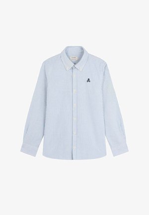 Pasiasta koszula zapinana na guziki w jasnoniebieskim i białym kolorze z bawełny. Posiada klasyczny kołnierzyk, długie rękawy oraz małe wyszywane logo czaszki na klatce piersiowej.