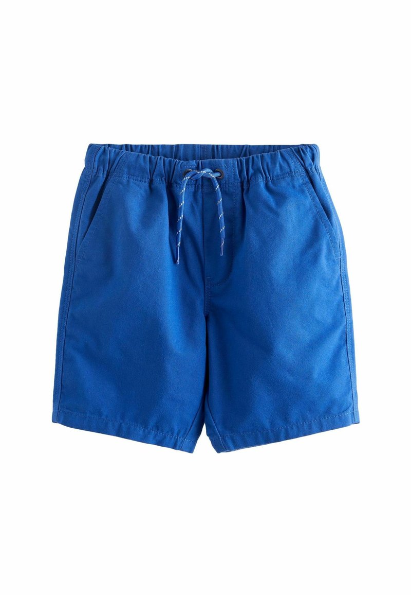 Blå simshorts i mjuk tyg, med elastisk midja och dragsko, samt två sidofickor. Slät textur, längd ovanför knäet.