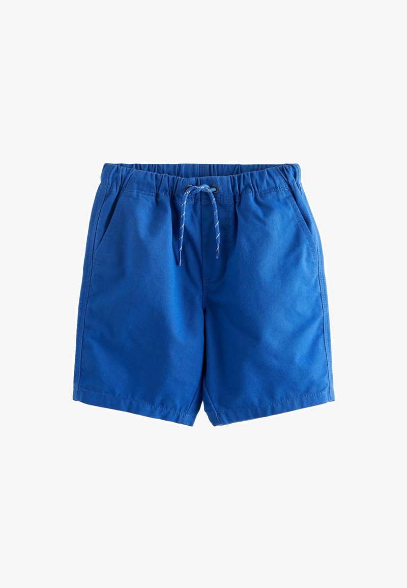 Blaue Badeshorts aus weichem Material, mit einem elastischen Bund und einem Kordelzug, sowie zwei Seitentaschen. Glatte Textur, knielange Passform.