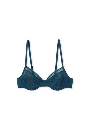 Teal lace underwire bra with floral pattern, sheer cups, and adjustable straps, featuring scalloped edges and a central decorative clasp.