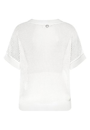 White short-sleeve knitted mesh top with ribbed cuffs and hem, featuring a small silver heart decoration at the back neckline.