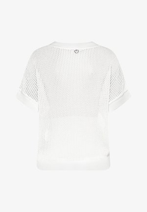 White short-sleeve knitted mesh top with ribbed cuffs and hem, featuring a small silver heart decoration at the back neckline.