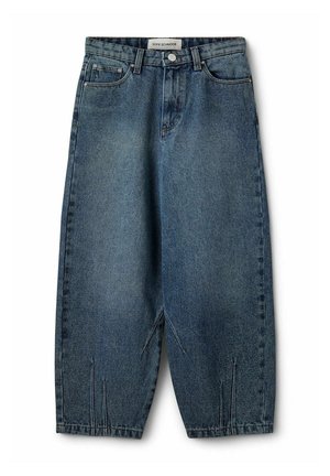 Weit geschnittene blaue Jeans aus Denim mit hoher Taille, fünf Taschen, Knopf- und Reißverschluss sowie kleinen gesteppten Details am Saum.