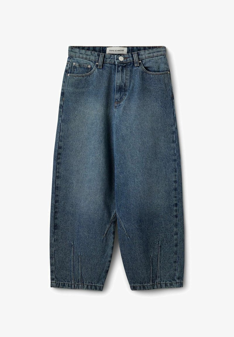 Jean bleu à jambes larges avec taille haute, cinq poches, fermeture à bouton et zip, et petits détails cousus près de l'ourlet.