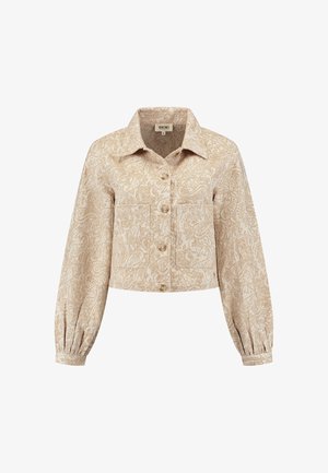 Béžová zkrácená bunda s paisley vzorem, vyrobená z texturované látky. Obsahuje límeček, zapínání na knoflíky a dvě přední kapsy se širokými rukávy.