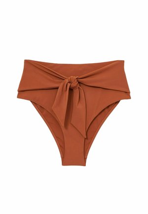 Aukštos juosmens rudos spalvos bikini kelnaitės su surišimu priekyje, lygia tekstūra ir minimalistiniu dizainu. Tinka maudymosi kostiumams.