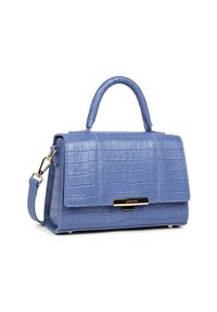 Borsa a mano in ecopelle azzurro con texture a coccodrillo, dalla forma strutturata, con manico superiore, tracolla staccabile e dettagli dorati.