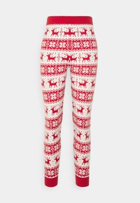 Legginsy w czerwono-białe wzory z motywem reniferów i płatków śniegu, z czerwonym pasem w talii i miękkim, teksturowanym materiałem. Dopasowany krój.