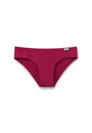 Burgundowe bawełniane majtki damskie o gładkiej fakturze, niskim stanie i minimalistycznych szwach bocznych. Zawierają małą metkę z logo z przodu.