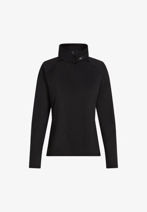 Zwarte langesleeve pullover met hoge kraag en ritssluiting. Gemaakt van glad materiaal met raglanmouwen en subtiele logo-details.