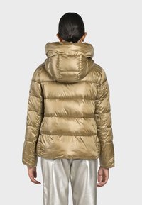 Giacca a vento in oro metallico con cappuccio, design trapuntato e maniche ampie. Abbinata a pantaloni metallici argento, lo sfondo è semplice.