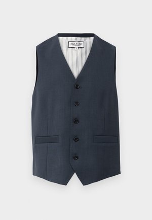 Marineblaues, maßgeschneidertes Weste mit V-Ausschnitt, sechs Knöpfen, zwei Vorderaschen, vertikal gestreiften Futter und glatter Stofftextur.